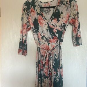 Floral Wrap Dress in Green and Pink